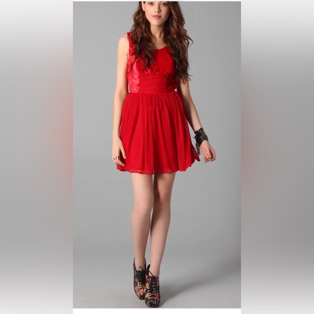 Free People Crushed Velvet & Chiffon Ballerina Princess Red Hot Dress Size 2